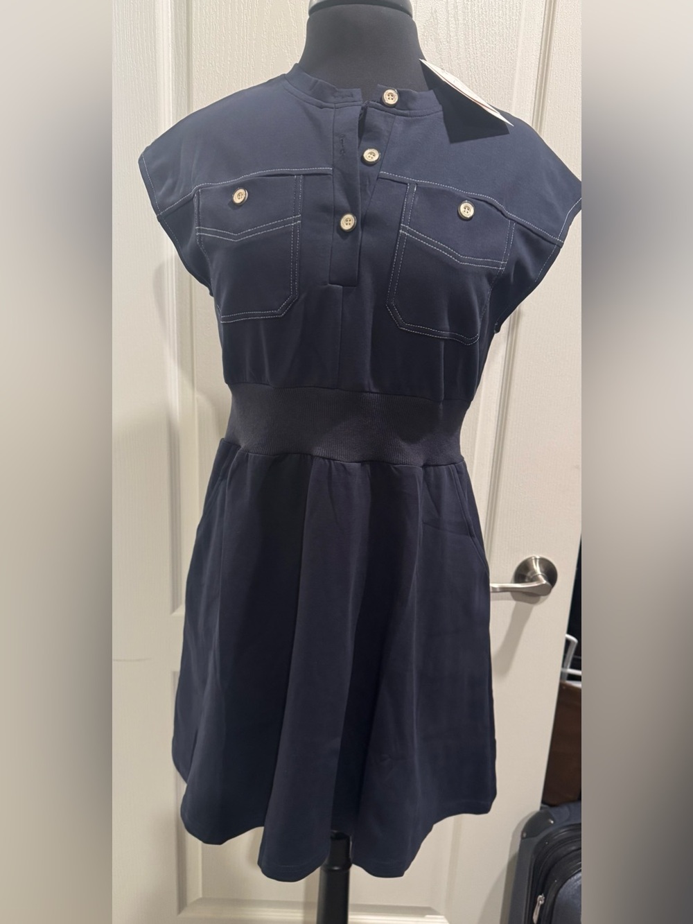 Navy Polo-Style Dress with Button Front and stretchable waist w/ 2 side pockets